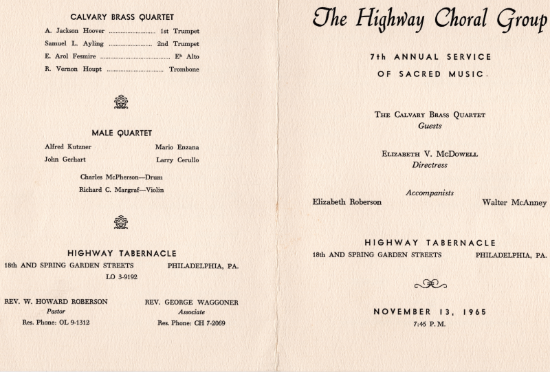 Front cover: Event title, guest performers, program directress, accompanists, event location, event date; Back cover: Calvary Brass Quartet Members, Male Quartet Members, church location, church leadership contact information