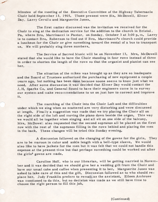Documented discussion of issues brought up with the choir's executive committee noted by secretary Marguerite Jones