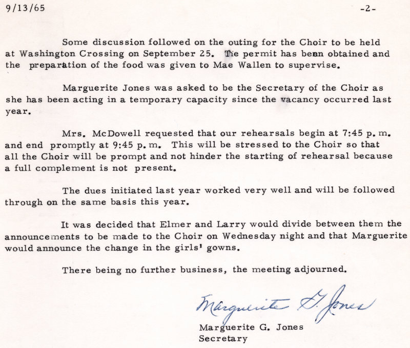 Documented discussion of issues brought up with the choir's executive committee noted by secretary Marguerite Jones