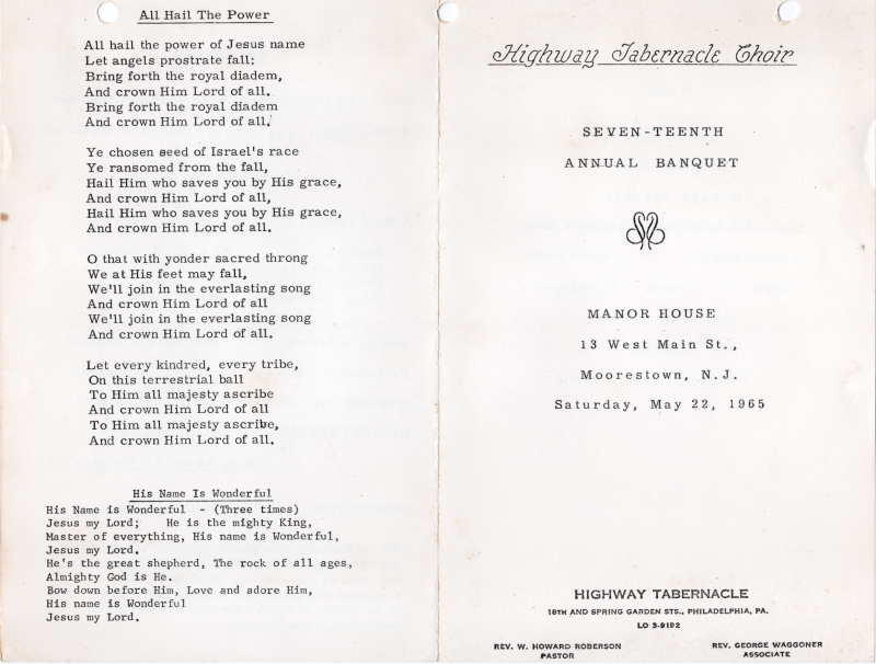 Cover page: Event title, location, and date. Church contact and leadership information; Back cover: All Hail the Power lyrics, His Name is Wonderful lyrics
