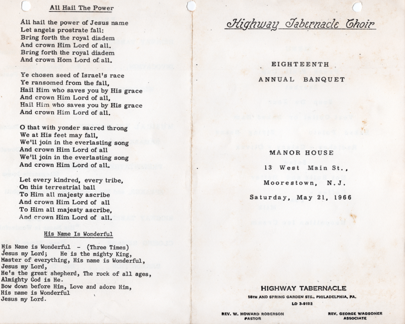 Cover page: Event title, location, and date. Church contact and leadership information; Back cover: All Hail the Power lyrics, His Name is Wonderful lyrics