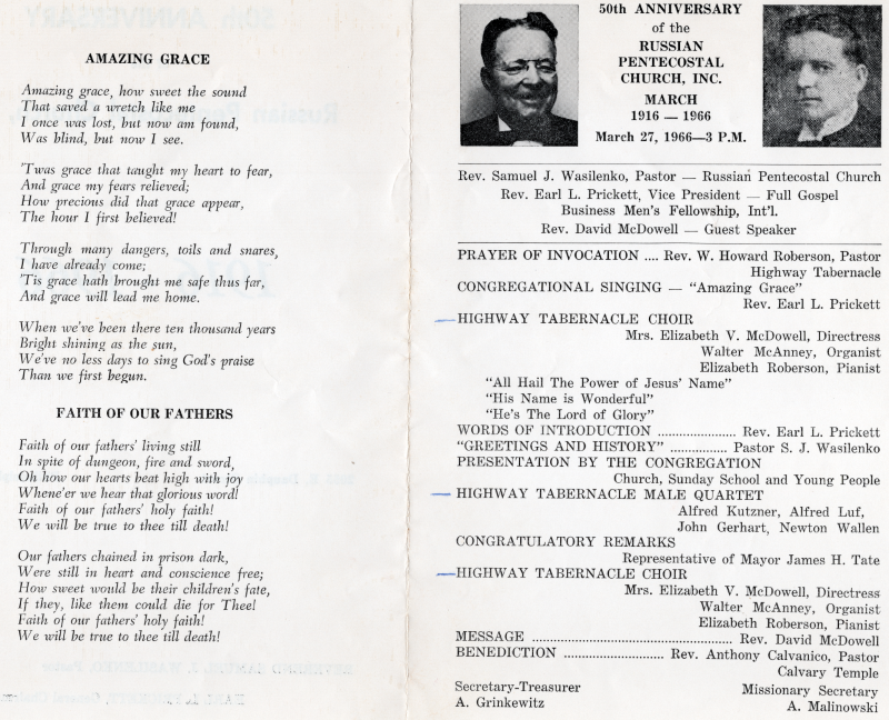 Lyrics to Amazing Grace, Lyrics to Faith of Our Fathers, Service Program featuring performances from the Highway Choir and a prayer from Pastor Roberson