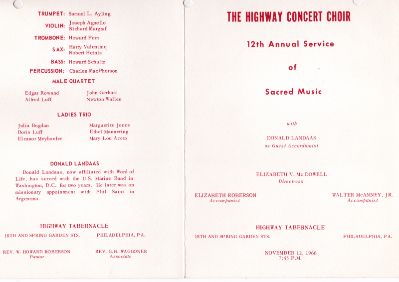 Front cover: Service title, accompanists, directress, church location, event date; Back cover: Names of perforrmers, church and church leadership information