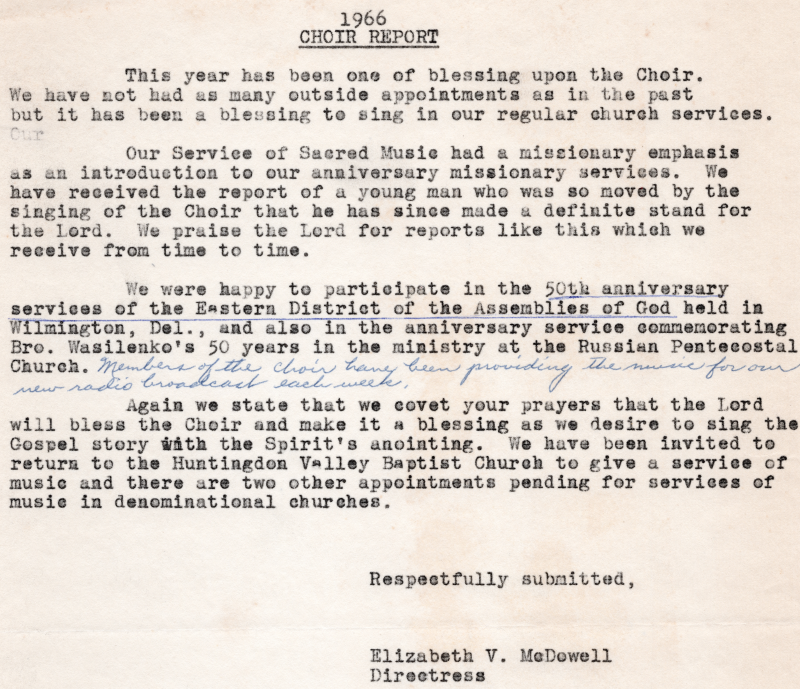 Summary of choir events in 1966