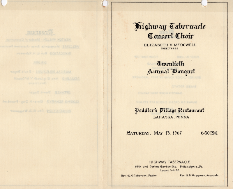 Cover: Event title, directress, banquet location and date, church and church leadership information