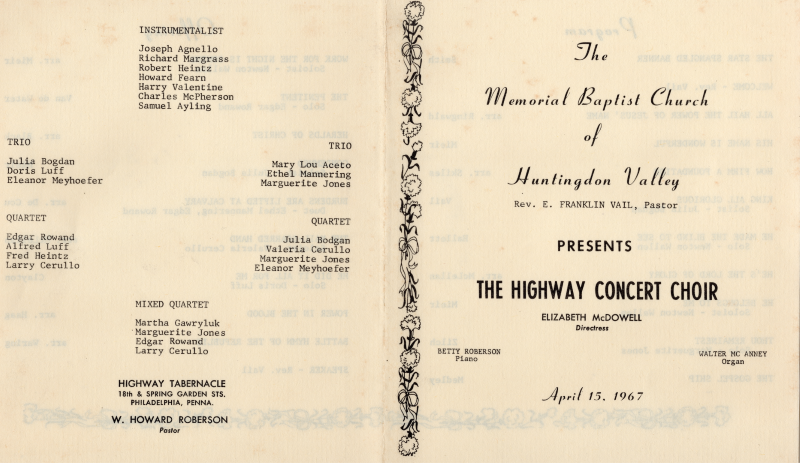 Front cover: The Memorial Baptist Church of Huntingdon Valley Presents Highway Concert Choir; Back cover: Choir members by role, Highway's information