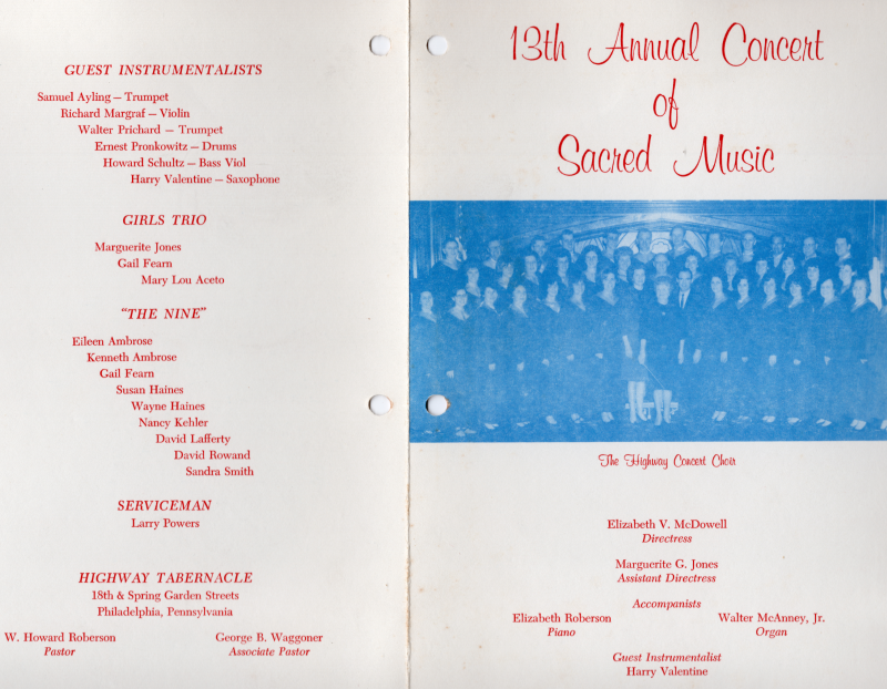 Front cover: Program title, photograph of the choir, directress, acommpanists, and instrumentalist names; Back cover: names of performers, church address, church pastor contact information