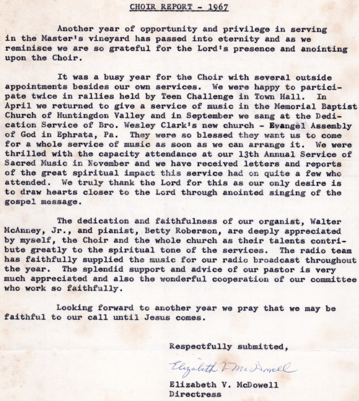 Summary of choir events in 1967