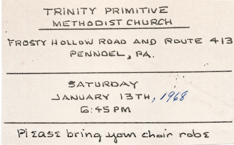 Reminder card for the choir about an upcoming performance at Trinity Primitive Methodist Church