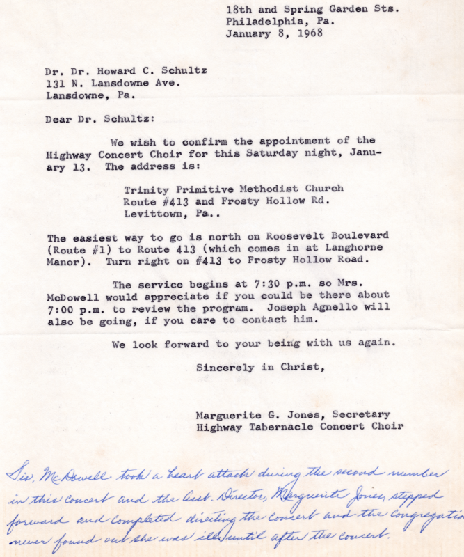 Letter to Highway Choir Secretary confirming the performance at Trinity Primitive Methodist Church; Note at the bottom states that Mrs. McDowell had a heart attack during this performance, but that Marguerite Jones was able to lead the rest of the performance without interruption