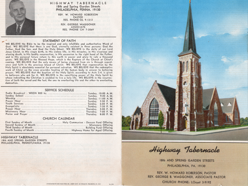 Front cover: Illustration of the church, church name, location, pastor name, associate pastor name, church phone number; Back cover: Photo of Pastor Roberson, church location, contact information for Pastor Roberson and Association Pastor Waggoner, statement of faith, service schedule, church calendar, church address