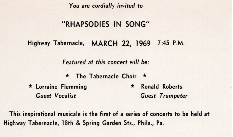 Invitation to the first of three concerts in the series with featured guests: The Tabernacle Choir, Lorraine Flemming, and Ronald Roberts