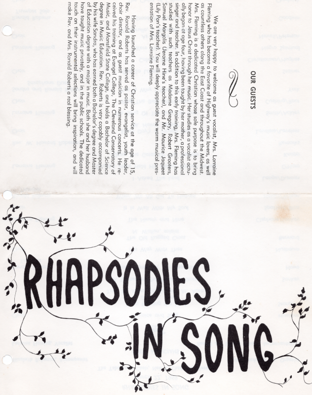 Program of the first of three concerts in this series. Front cover: "Rhapsodies in Song" title; Back Cover: Biographical information on guest performers