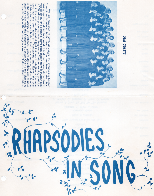 Program of the second of three concerts in this series:  Front cover: "Rhapsodies in Song" title; Back cover: Photograph and biographical information of guest performers