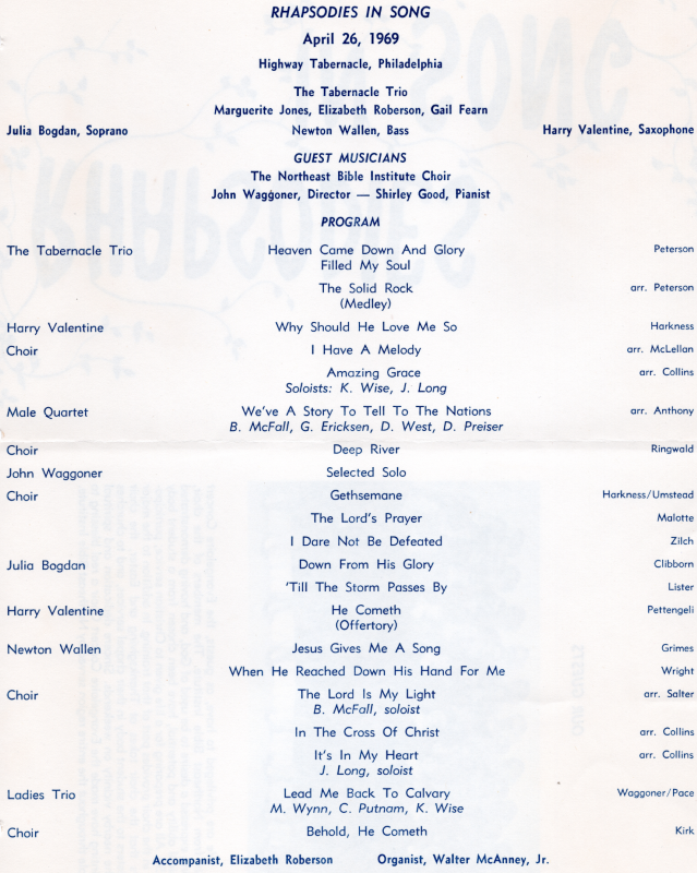 Program of the second of three concerts in this series: Inside: Order of Worship and names of performers
