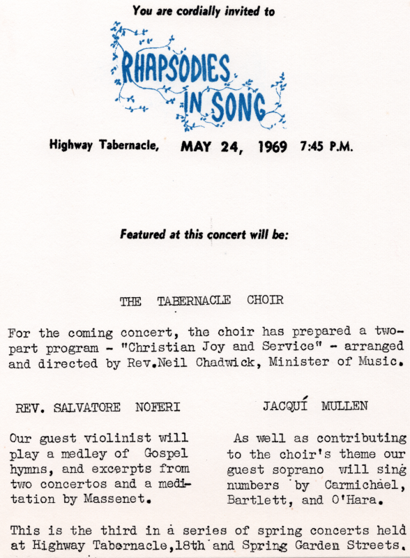 Invitation to the third of three concerts in this series: Event title, date, featuring The Tabernacle Choir, Rev. Salvatore Noferi, Jacqui Mullen, biographical information on guest performers