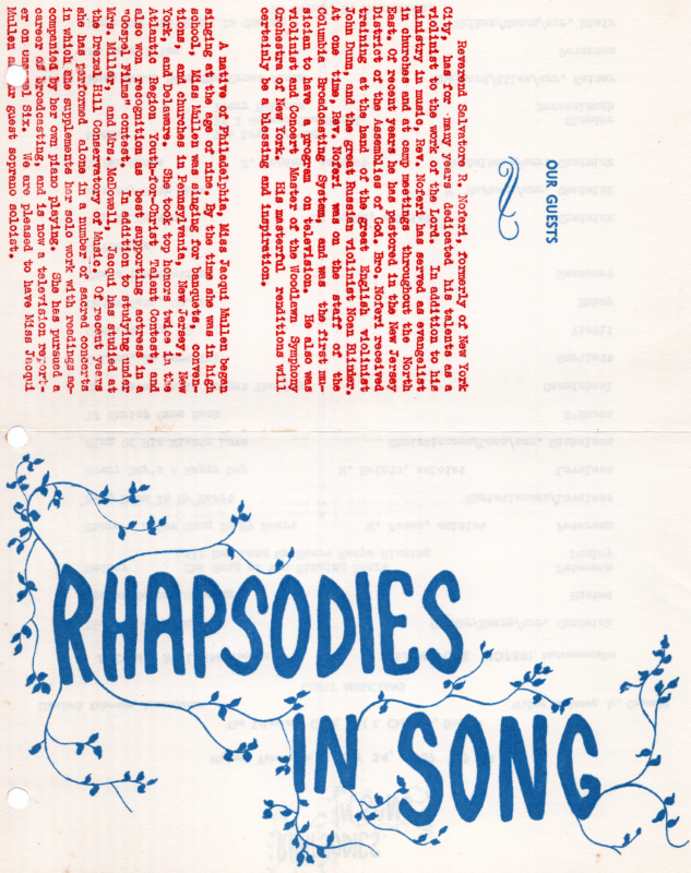 Program of the third of three concerts in this series: Front cover: "Rhapsodies in Song" title; Back cover: Biographical information of guest performers