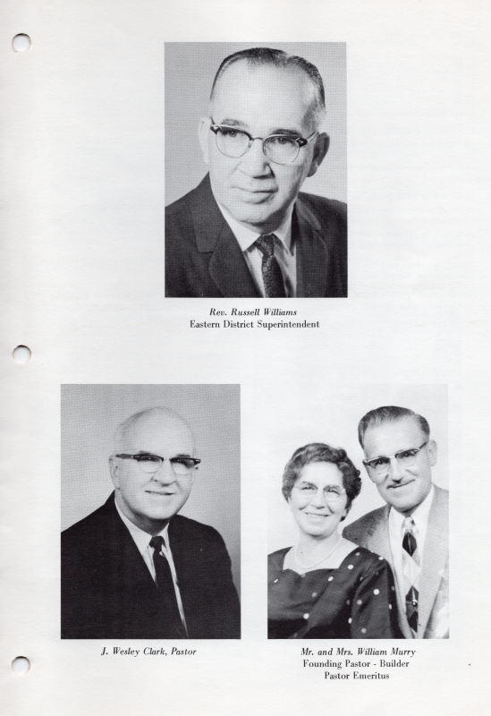 Photograph of Eastern District Superintendent, Rev. Russel Williams, Pastor, J. Wesley Clark, and Founding Pastor, Builder, and Pastor Emeritus, William Murry with his wife