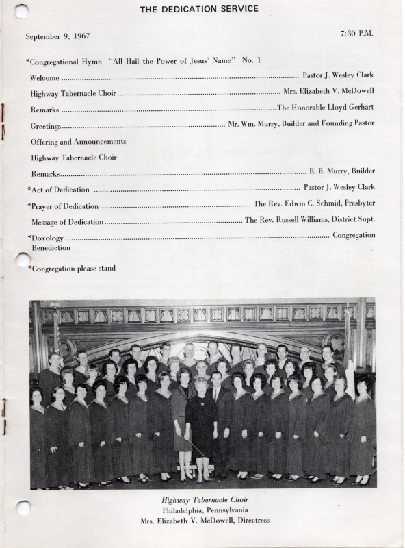 Dedication Service program featuring a performance by the Highway Choir