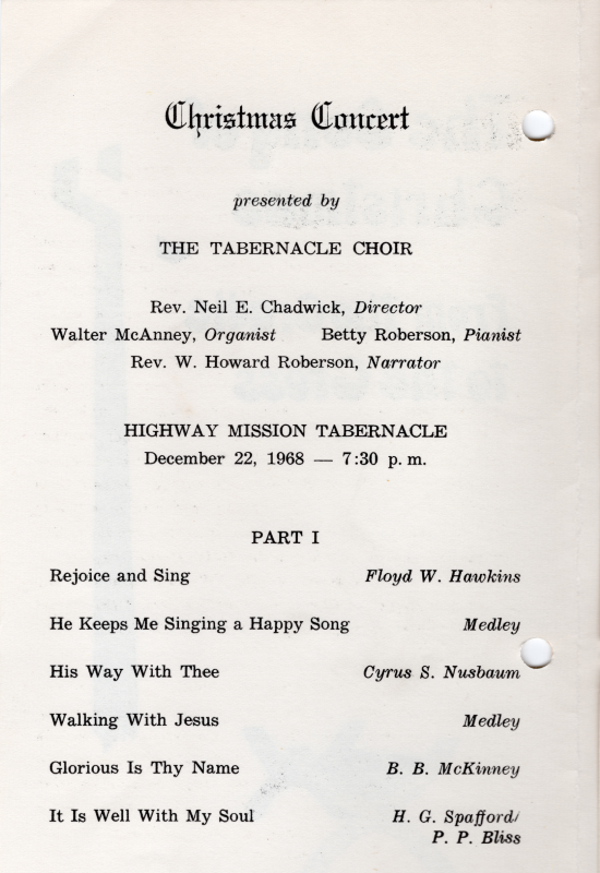 Naming the choir, director, organist, pianist, narrator, event location, and date. Part one of the order of worship