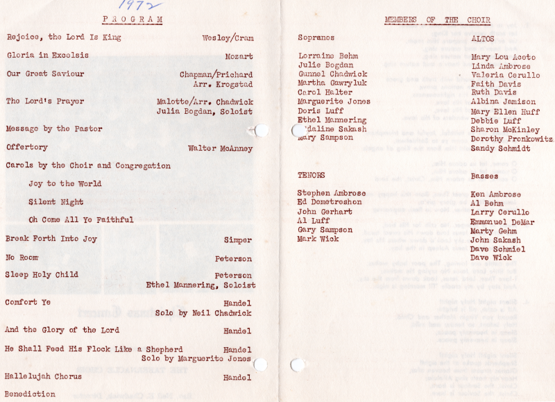 Program with the order of worship; Listed choir members
