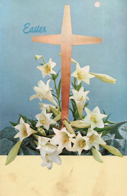 Photograph of a cross with white lillies and the text, "Easter"