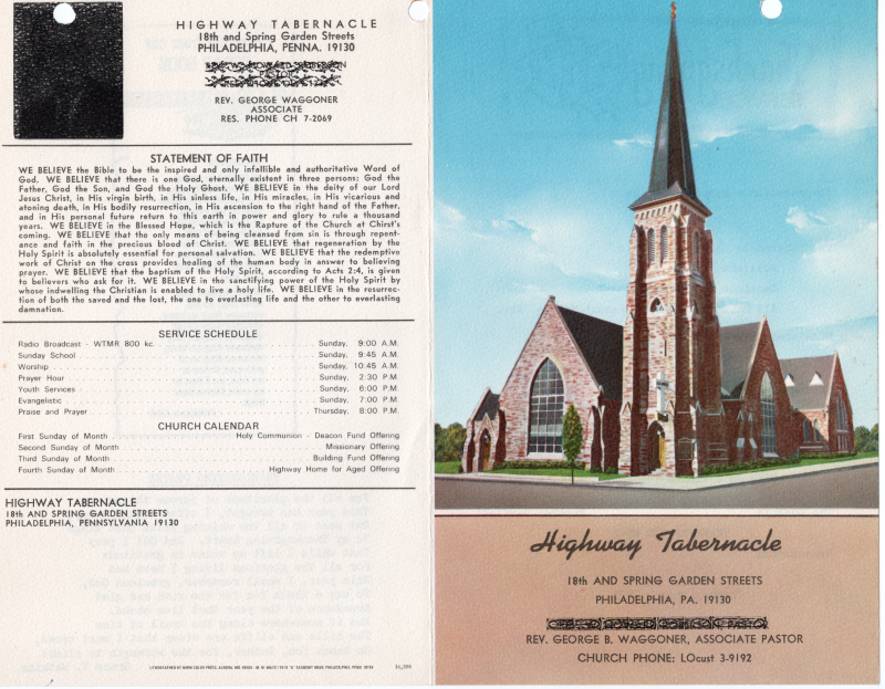 Front cover: image of Highway Tabernacle at 18th and Spring Garden Streets, church name and address, Rev. Waggoner, church phone number; Back cover: Highway contact information, Rev. Waggoner contact information, statement of faith, service schuedule, church calendar, church name and address