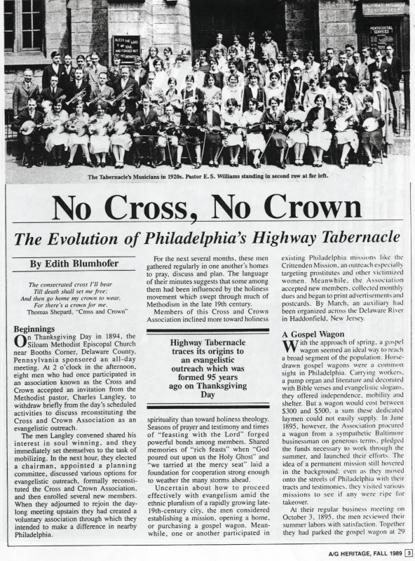Article title, "No Cross, No Crown: The Evolution of Philadelphia's Highway Tabernacle" with a photograph of Highway's musicians outside of the building at 19th and Green streets in the 1920s. Page three of the magazine, the article beigins with the church's beginnings and its gospel wagon