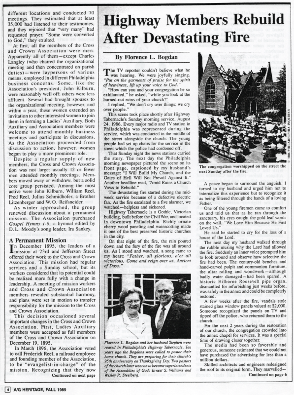 Page four of the magazine, a continuation of "No Cross, No Crown" discusses "A Permanent Mission"; An article from Mrs. Bogdan about rebuilding the church after its fire