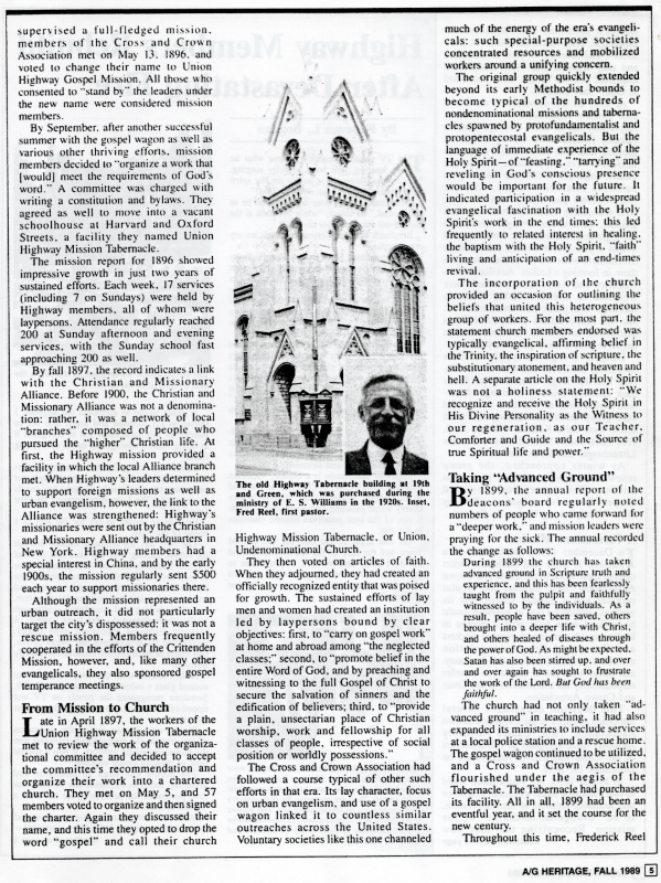 Page five of the magazine, a continuation of "No Cross, No Crown" discusses "From Mission to Church" and "Taking 'Advanced Ground'"