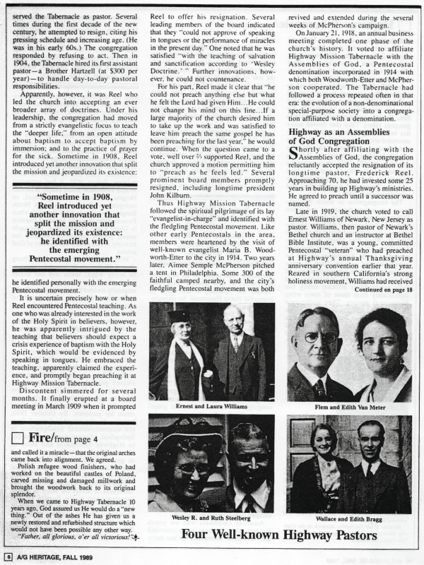 Page six of the magazine, a continuation of "No Cross, No Crown" discusses Highway as an AG congregation; A continuation of Mrs. Bogdan's fire article