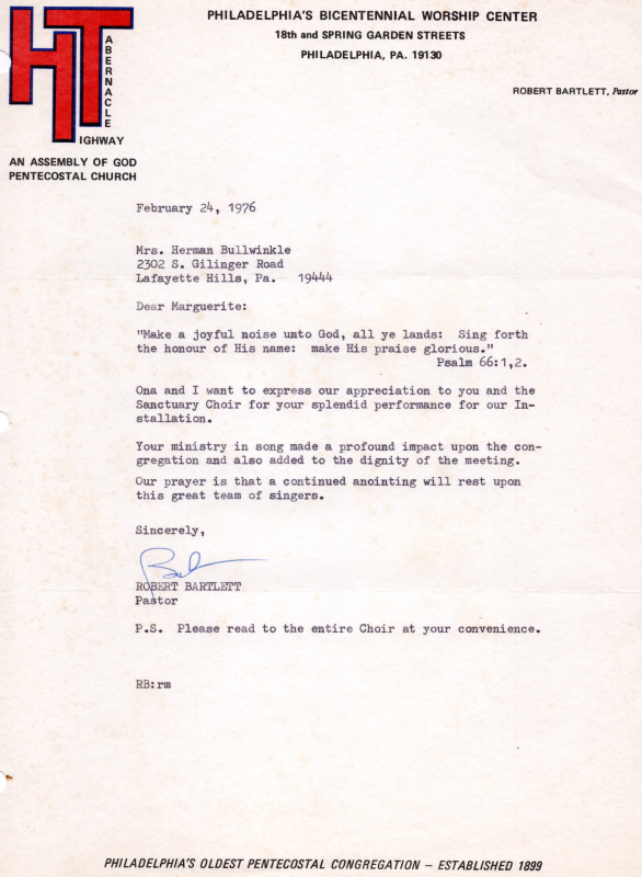 Letter to Mrs. Bullwinkle thanking her for Highway's Choir performance