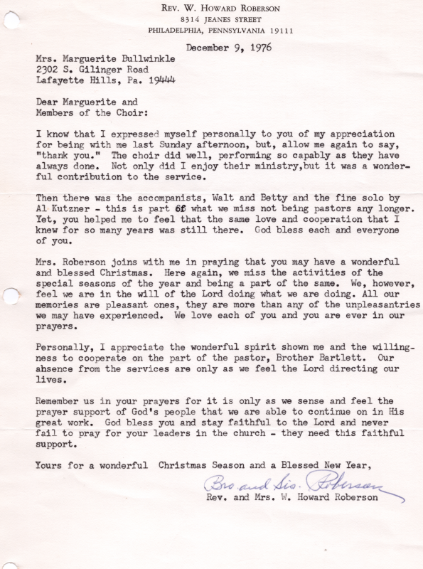 Letter to Mrs. Bullwinkle thanking her for Highway's Choir performance