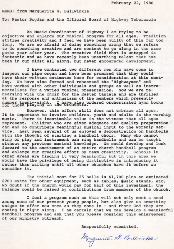 Memo from Mrs. Bullwinkle to Pastor Bogdan and the Highway Board requesting an expansion of the Highway music program through a repair of the pipe organ and the formation of a bell choir