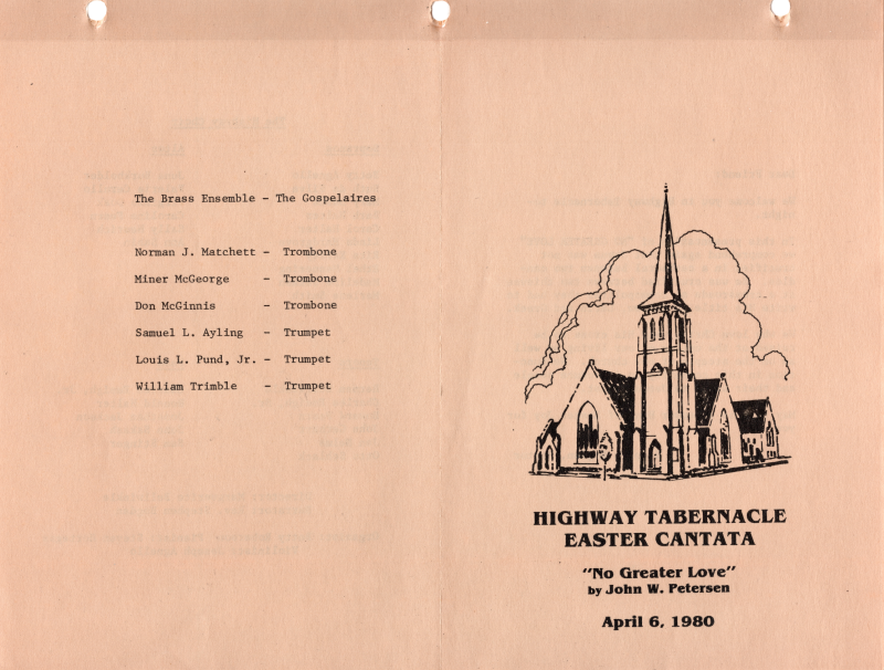 Front cover: Illustration of Highway Tabernacle (18th and Spring Garden streets), title: "Highway Tabernacle Easter Cantata: 'No Greater Love' by John W. Petersen April 6, 1980"; Back cover: Members of the Brass Ensemble