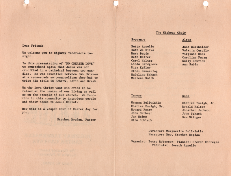 Letter from Pastor Bogdan; Members of the Highway Choir