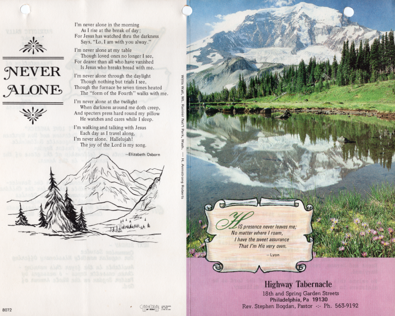 Front cover: information about Highway Tabernacle with a photograph of a lake and mountain; Back cover: Elizabeth Osborn's poem, "Never Alone"