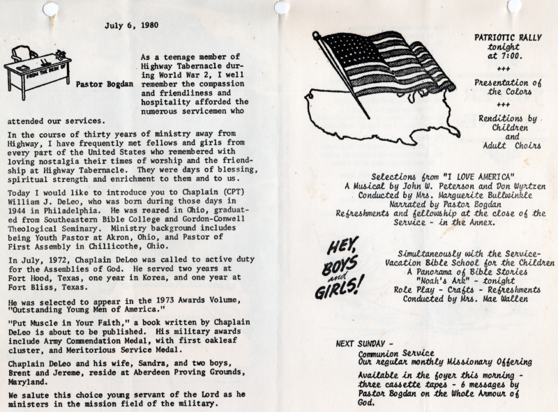 Letter from Pastor Bogdan introducing Chaplain William J. DeLeo; Reminder of the Patriotic Rally that evening, reminder about upcoming services
