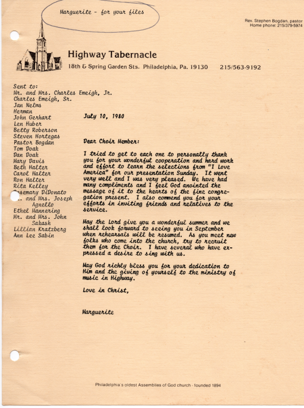 Mrs. Bullwinkle writes to the choir to thank them for their performance at Highway's Patriotic Rally