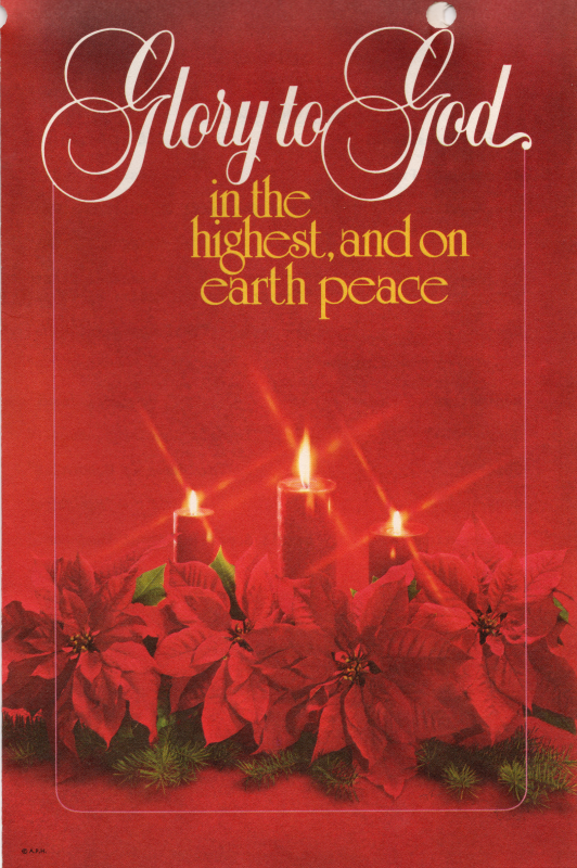 Front cover: red candles with the text "Glory to God in the highest, and on earth peace"
