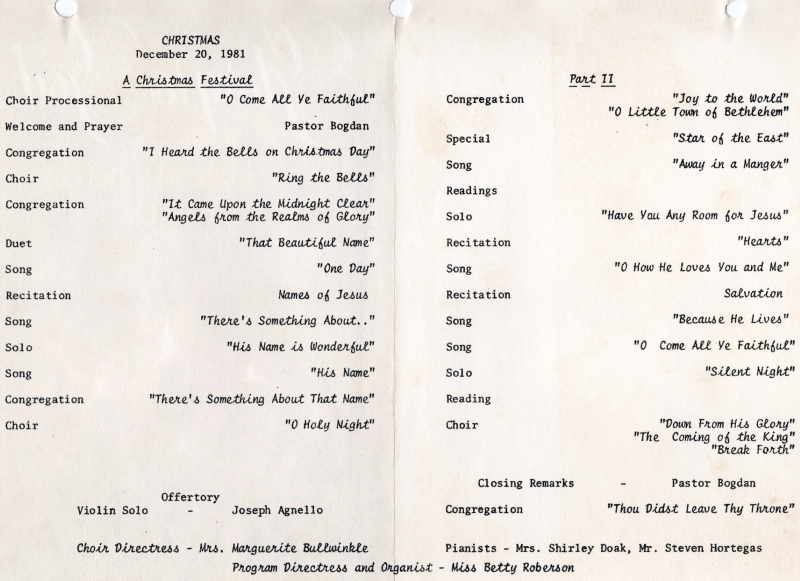 Program organized by choir directress, Marguerite Bullwinkle, and program directress, Betty Roberson