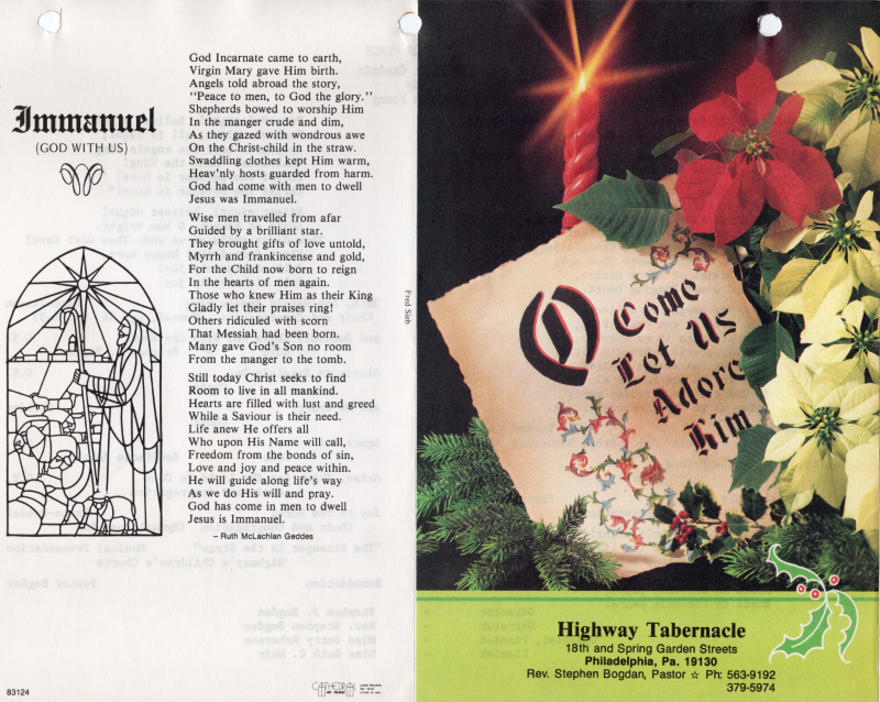 Front cover: Image: Christmas tree with a card reading "O Come Let Us Adore Him", Church contact information; Back cover: Poem "Immanuel (God With Us)" by Ruth McLachlan Geddes