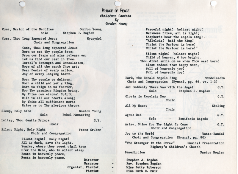 Cantata: Prince of Peace by Gordon Young, Program and order of worship with lyrics for the congregation to sing along with