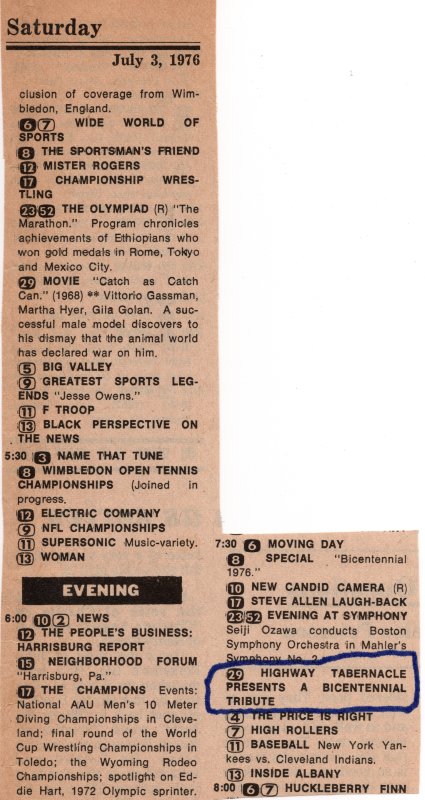 TV guide including a listing for Highway Choir's Bicentennial Tribute to America