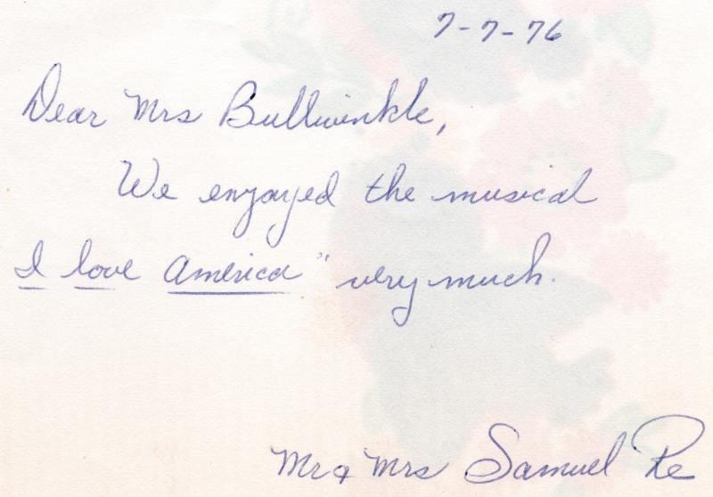 A letter to choir director, Mrs. Bullwinkle, expressing enjoyment of the Highway Choir's "I Love America" musical