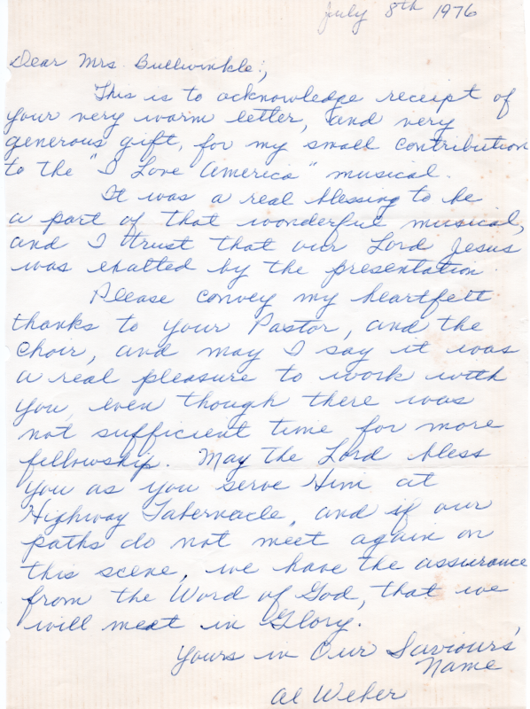 Letter from Al Weber expressing enjoyment in the "I Love America" concert