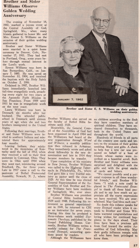 Article celebrating Rev. and Mrs. Williams' fiftieth wedding anniversary
