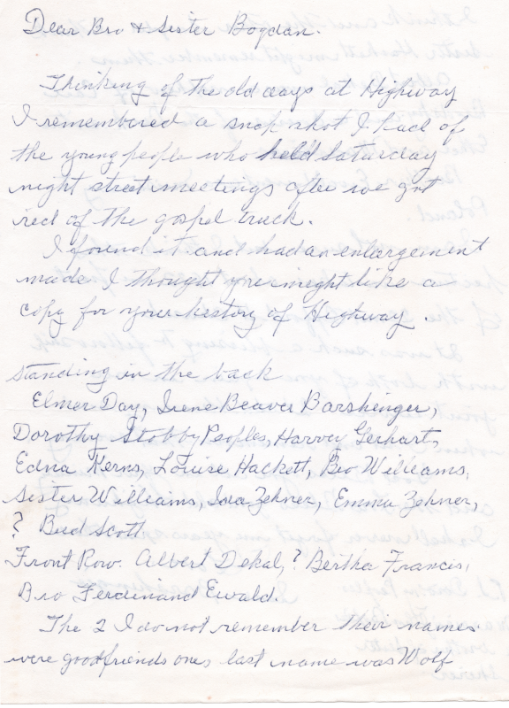 Identifying older members of Highway's congregation for the Bogdans