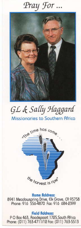 Prayer card for GL & Sally Haggard, Missionaries to Southern Africa