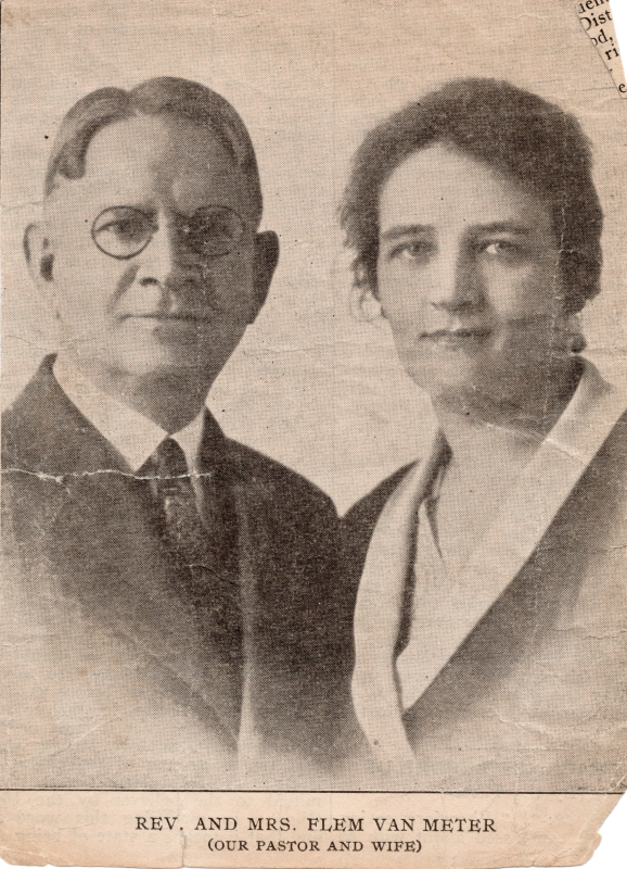 Portrait of Rev. and Mrs. Van Meter with caption, "Rev. and Mrs. Flem Van Meter (Our Pastor and Wife)
